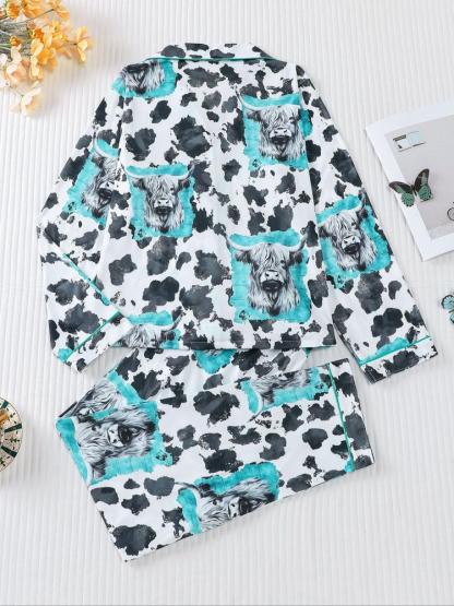 Women's 2-Piece Sleepwear Set, Highland Cow Print, Soft Shirt Collar Top & Elastic Pants, Casual Home Wear for Fall Winter