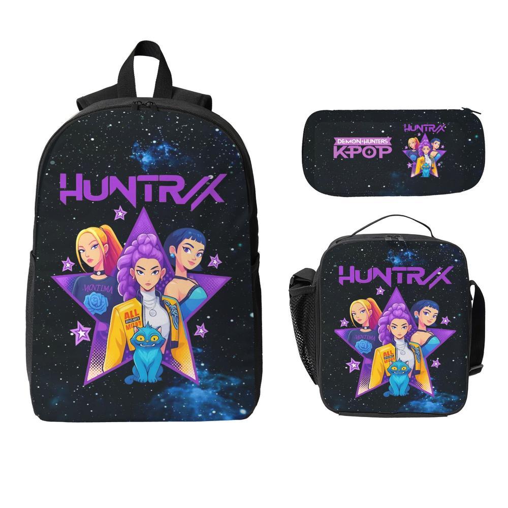 K-POP Demon Hunters 3PCS School Bag Set - Large Capacity Black Laptop Backpack, Portable Lunch Bag & Pencil Case, Functional Stylish Bag for Teens Adults, Great for Everyday Adventures & Gifts
