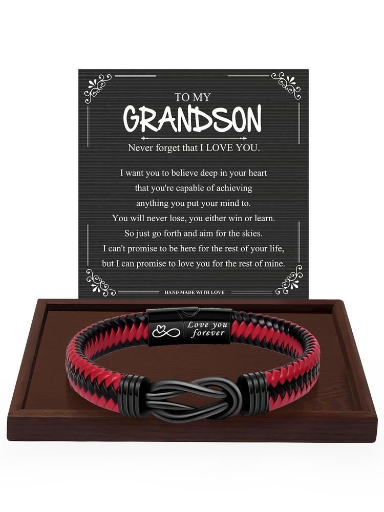 Meaningful Leather Bracelet for Grandson, Perfect Gift for Christmas & Birthdays, Casual All-Season Accessory, Durable & Stylish I Love You Gift for Grandson