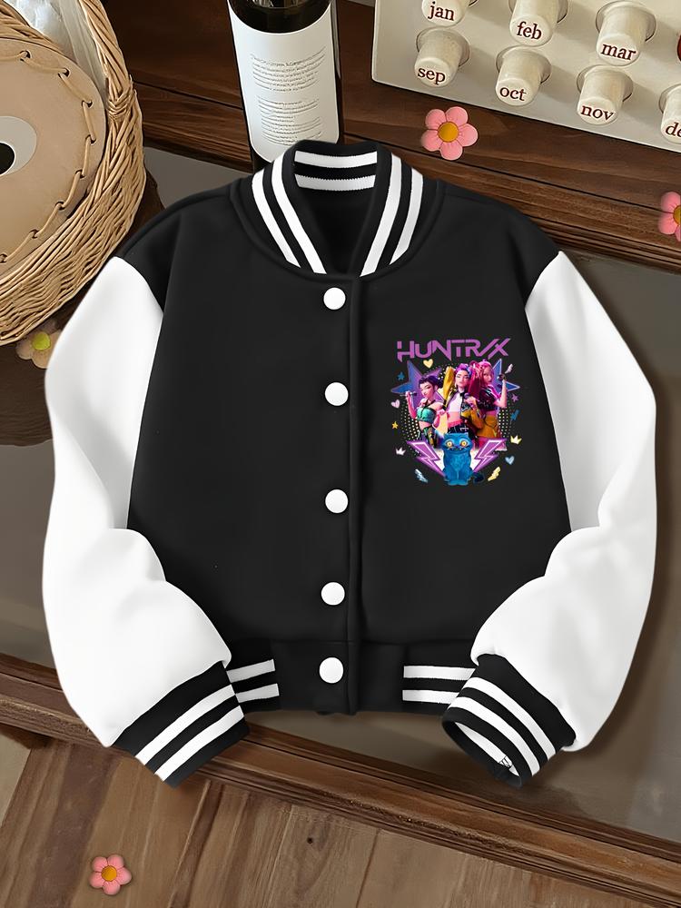 Halloween Girls Short Baseball Jacket, Casual Sports School Uniform, Elastic Fabric, Youth Fashion, Fall & Winter Outerwear, Casual Comfy Jacket