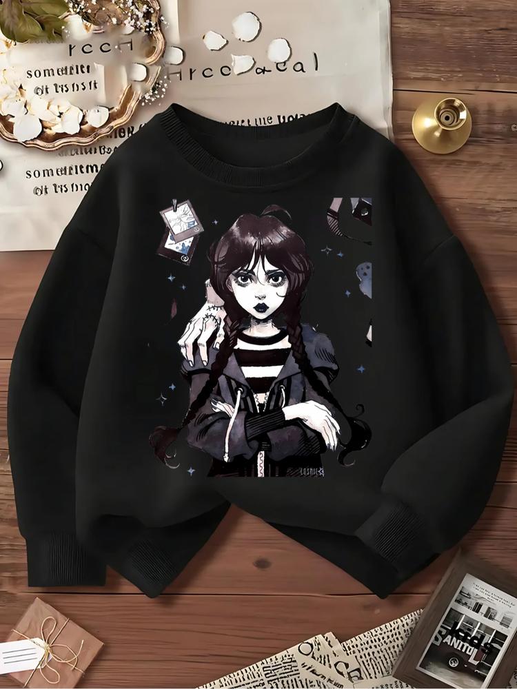 Cute Wednesday Anime Print Sweatshirt for Girls, Elastic Fabric, Casual Fitted Style, Perfect for Outdoor & Indoor Activities