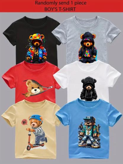 Boys' Summer Fashion Cartoon Bear Print Long Sleeve T-Shirt, Casual Fitted Style, Comfortable & Versatile, Perfect Gift Idea