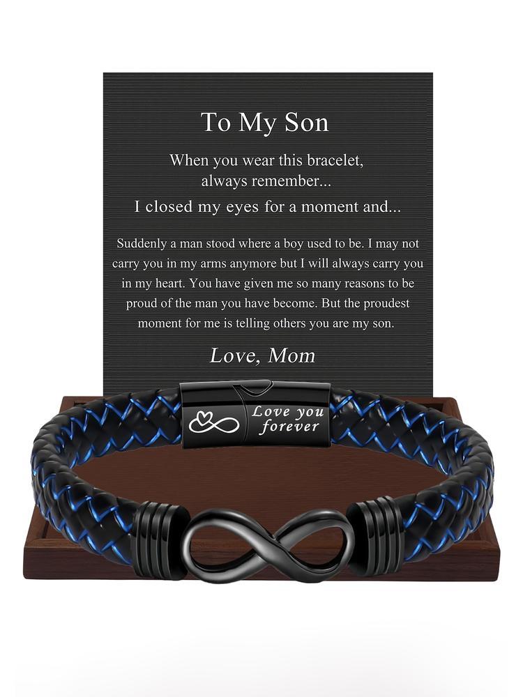1PC Unique Christmas Gift for Son, Birthday Gifts for Son from Mom Leather Bracelets, Leather Braided Bracelet, Knotted Bracelets Jewelry for Son from Dad & Gift Card, Bracelet for Daily Wear Gift for Son