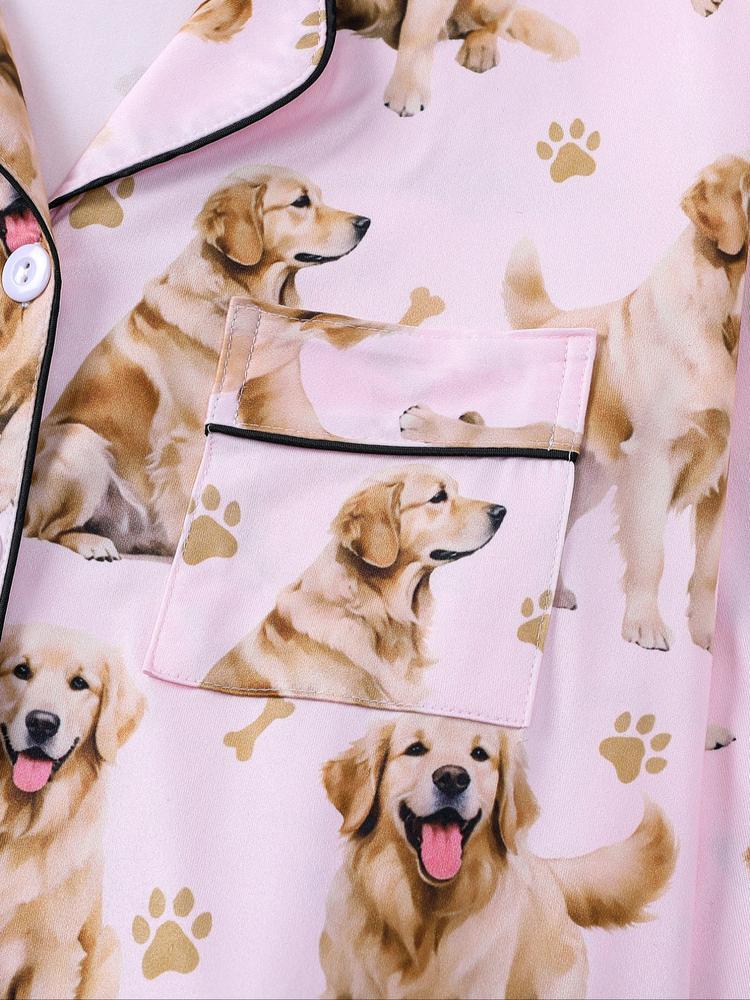 Women's Cute Dog Print Pajama Set, Long Sleeve Shirt Collar Top & Elastic Pants, Casual Fall Winter Sleepwear, Comfortable Home Wear