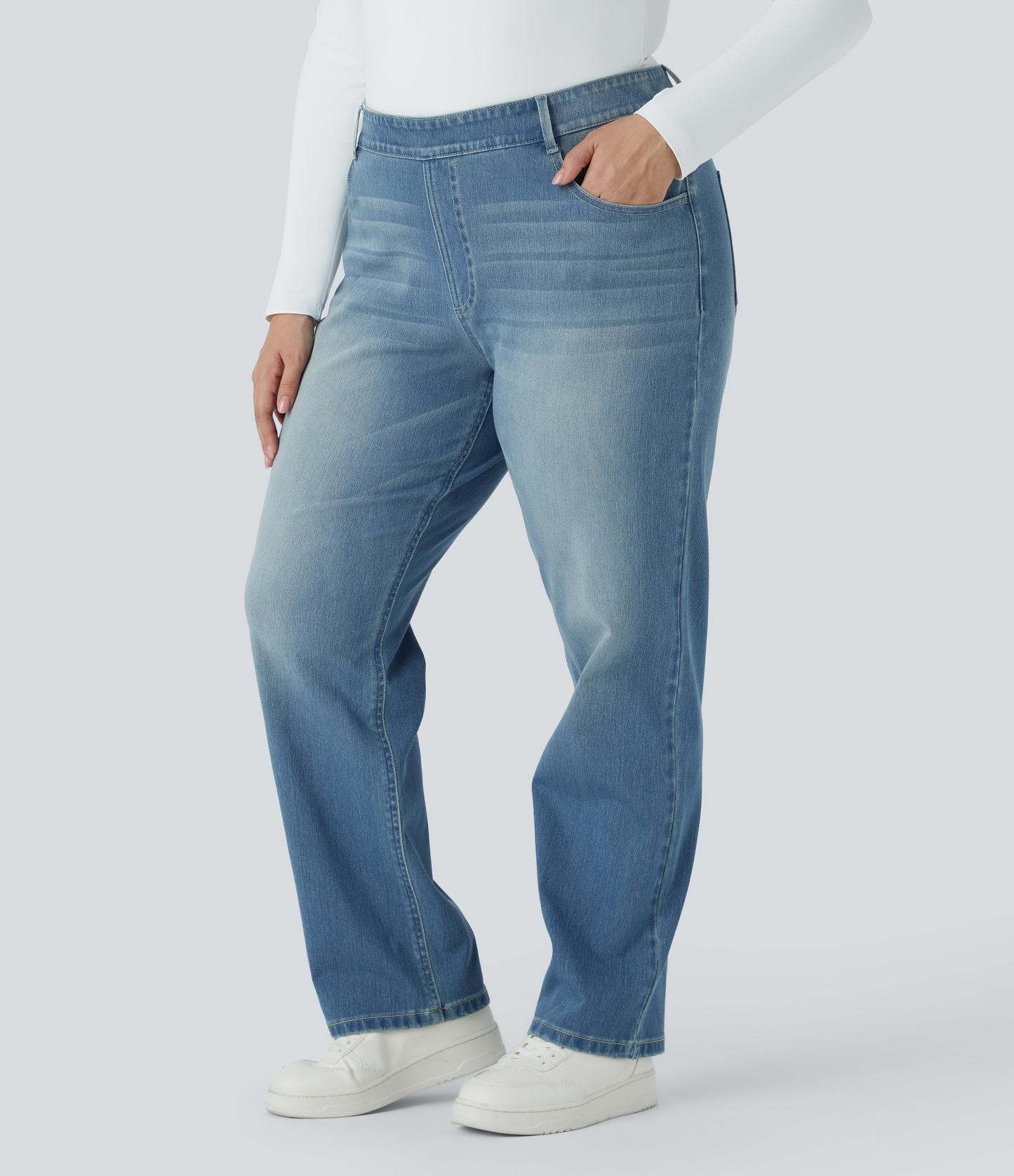 FlexHigh Waisted Pockets Straight Leg Washed Casual Plus Size Jeans