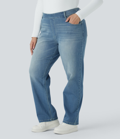 FlexHigh Waisted Pockets Straight Leg Washed Casual Plus Size Jeans