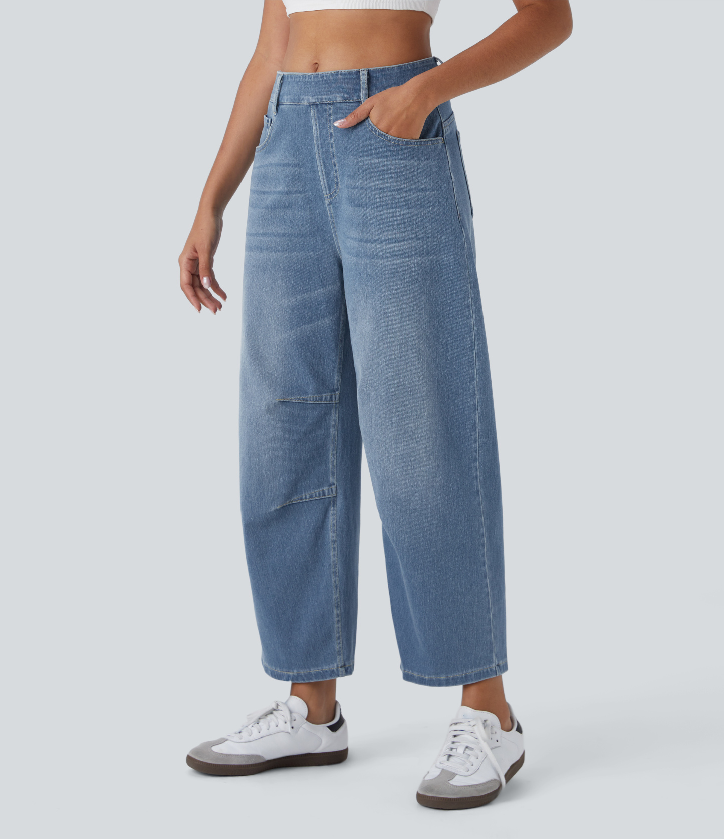 FlexMid Rise Pockets Barrel Leg Casual Jeans