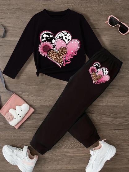Girls' Leopard Heart Print Long Sleeve T-Shirt & Casual Sweatpants Set, Spring & Fall Fashion, Comfortable Kids Clothing Gift