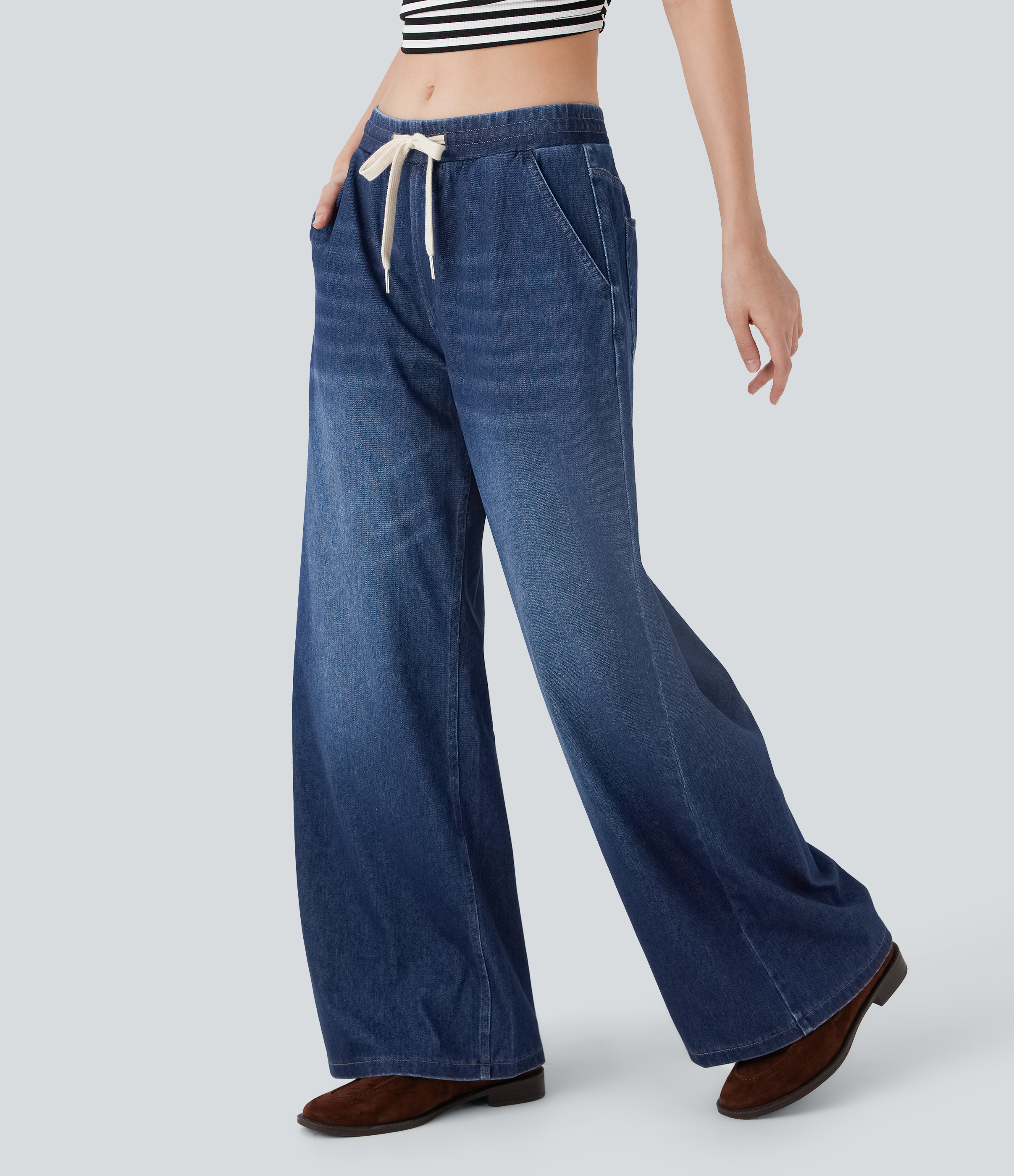 FlexLow Rise Drawstring Stretchy Knit Casual Baggy Sweatpants Jeans with Multiple Pockets