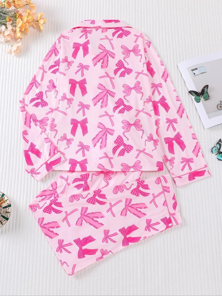 Women's 2-Piece Pajama Set, Bowknot Print, Holiday Party Sleepwear, Soft Shirt Collar Top & Elastic Pants, Casual Home Wear, Matching Pj Set