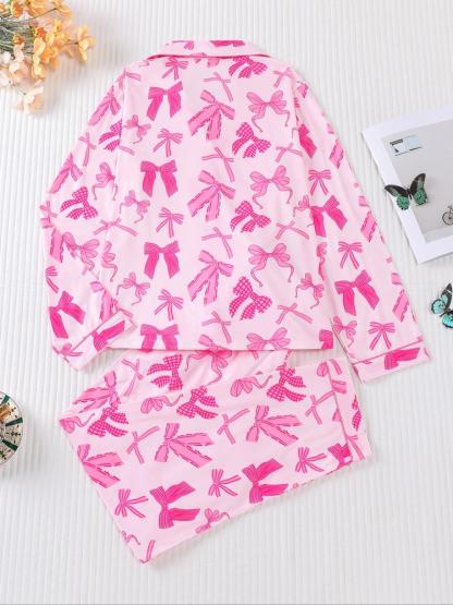 Women's 2-Piece Pajama Set, Bowknot Print, Holiday Party Sleepwear, Soft Shirt Collar Top & Elastic Pants, Casual Home Wear, Matching Pj Set