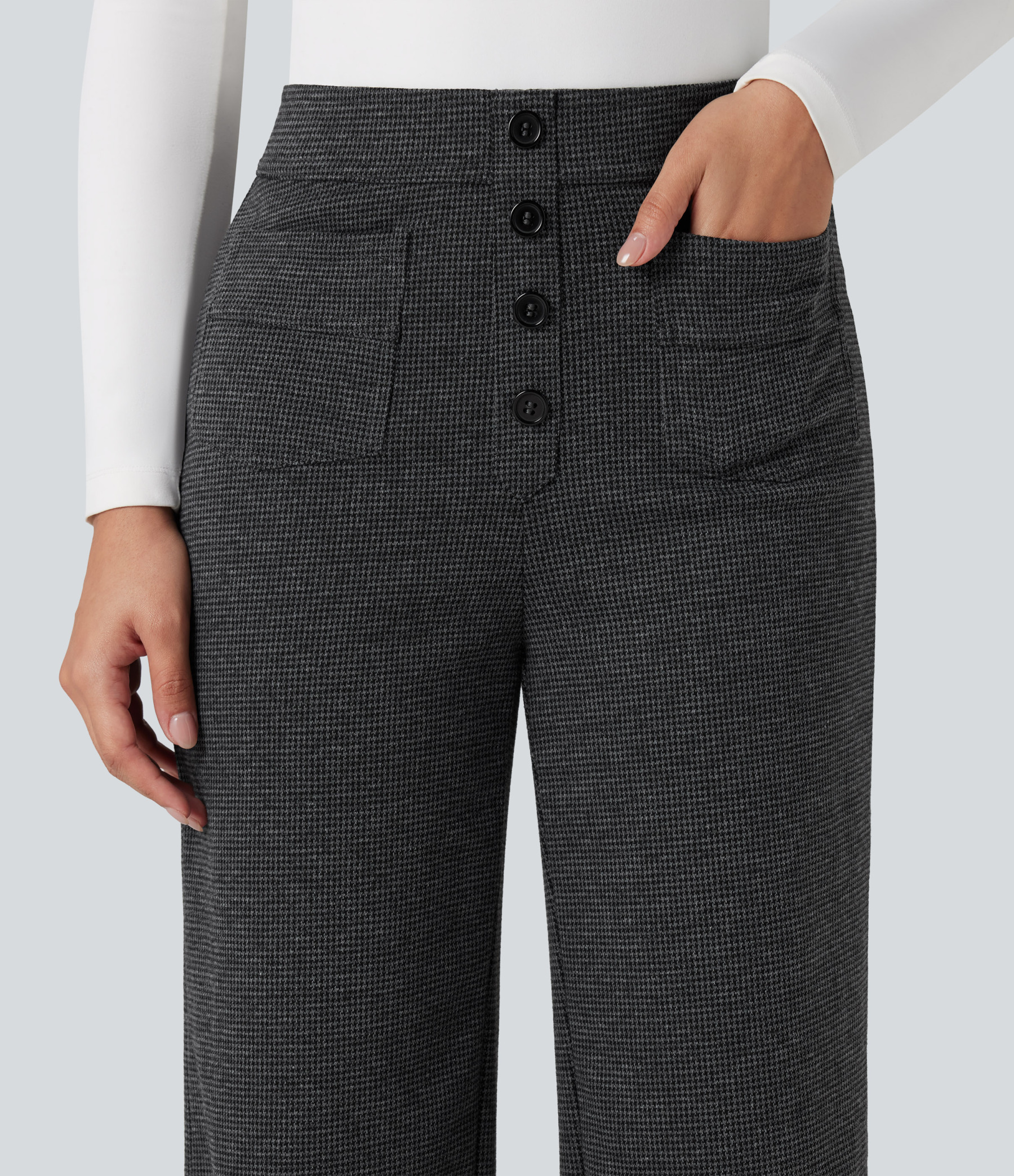 FlexHigh Waisted Houndstooth Straight Leg Work Pants with Pockets