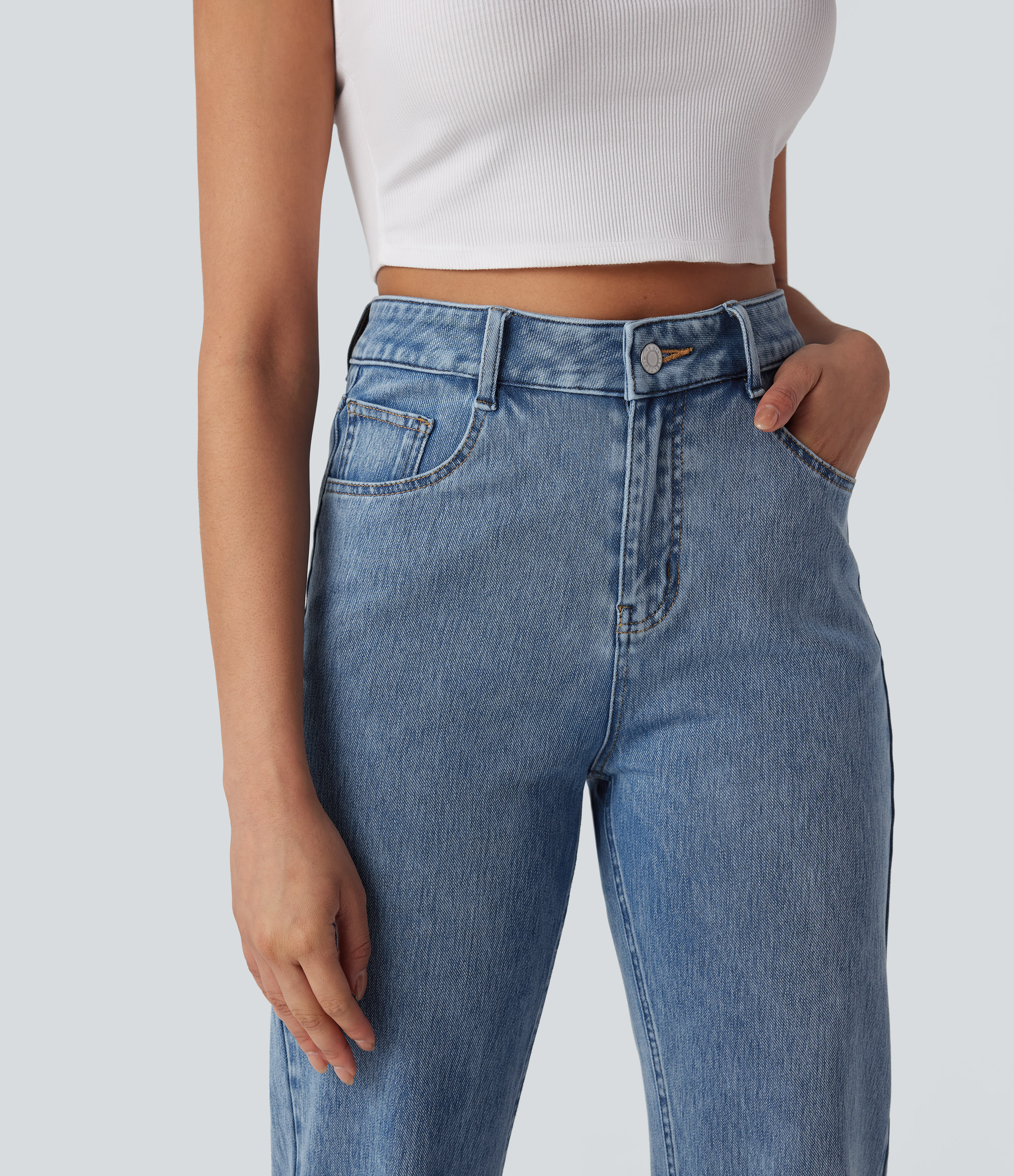 FlexHigh Waisted Zipper Pockets Straight Leg Casual Jeans