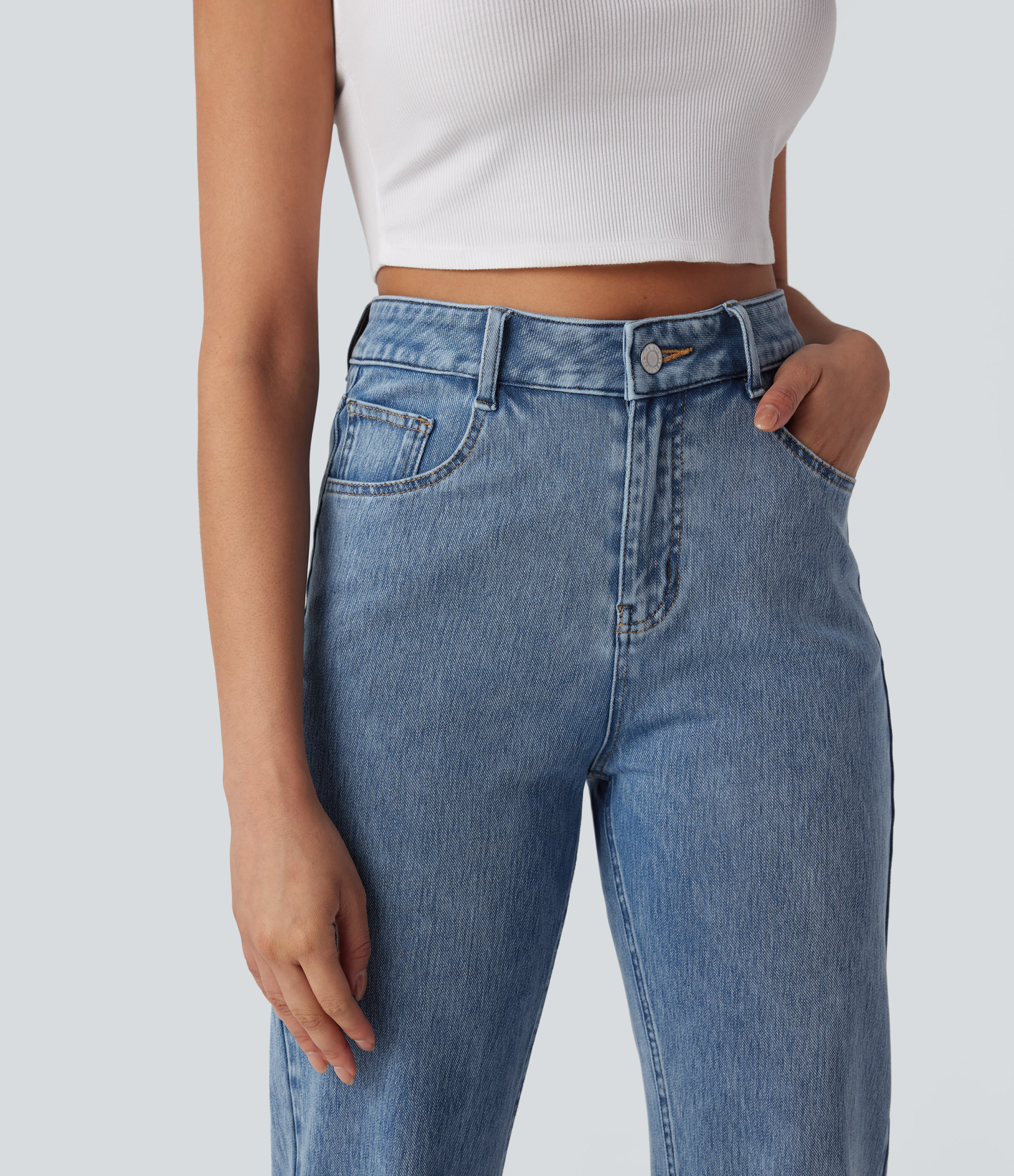 FlexHigh Waisted Zipper Pockets Straight Leg Casual Jeans