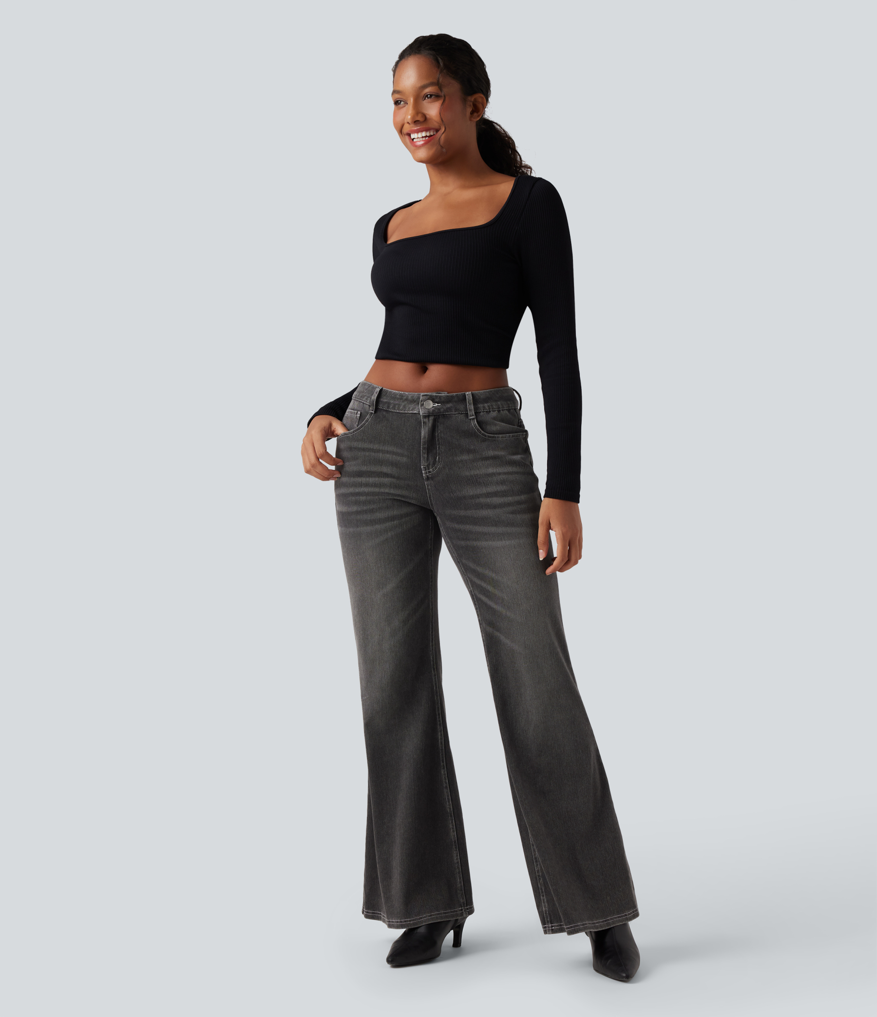 FlexLow Rise Flare Washed Casual Jeans with Pockets