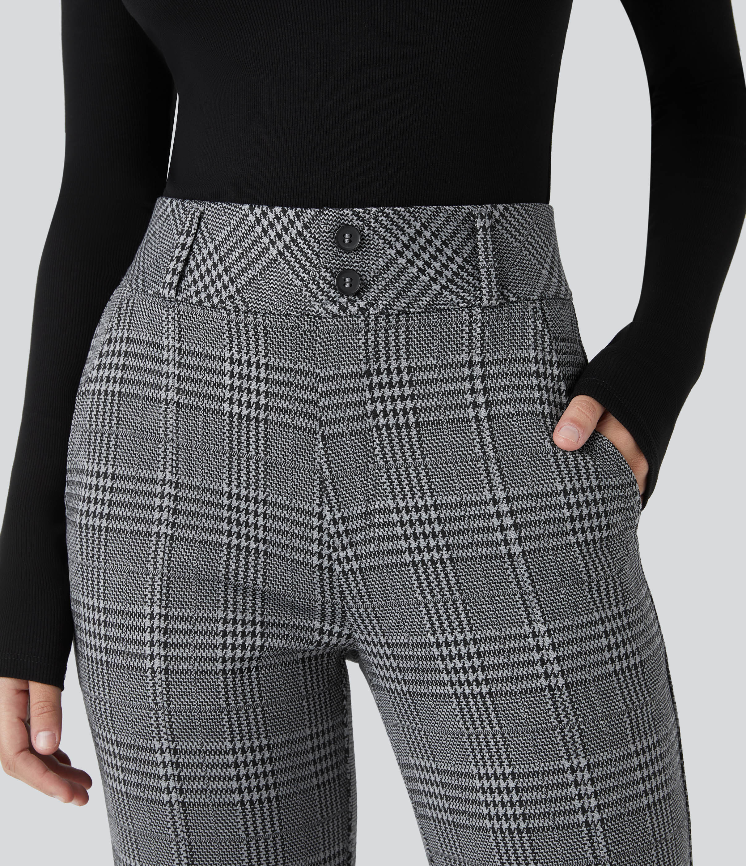FlexHigh Waisted Decorative Pocket Houndstooth Plaid Work Flare Pants