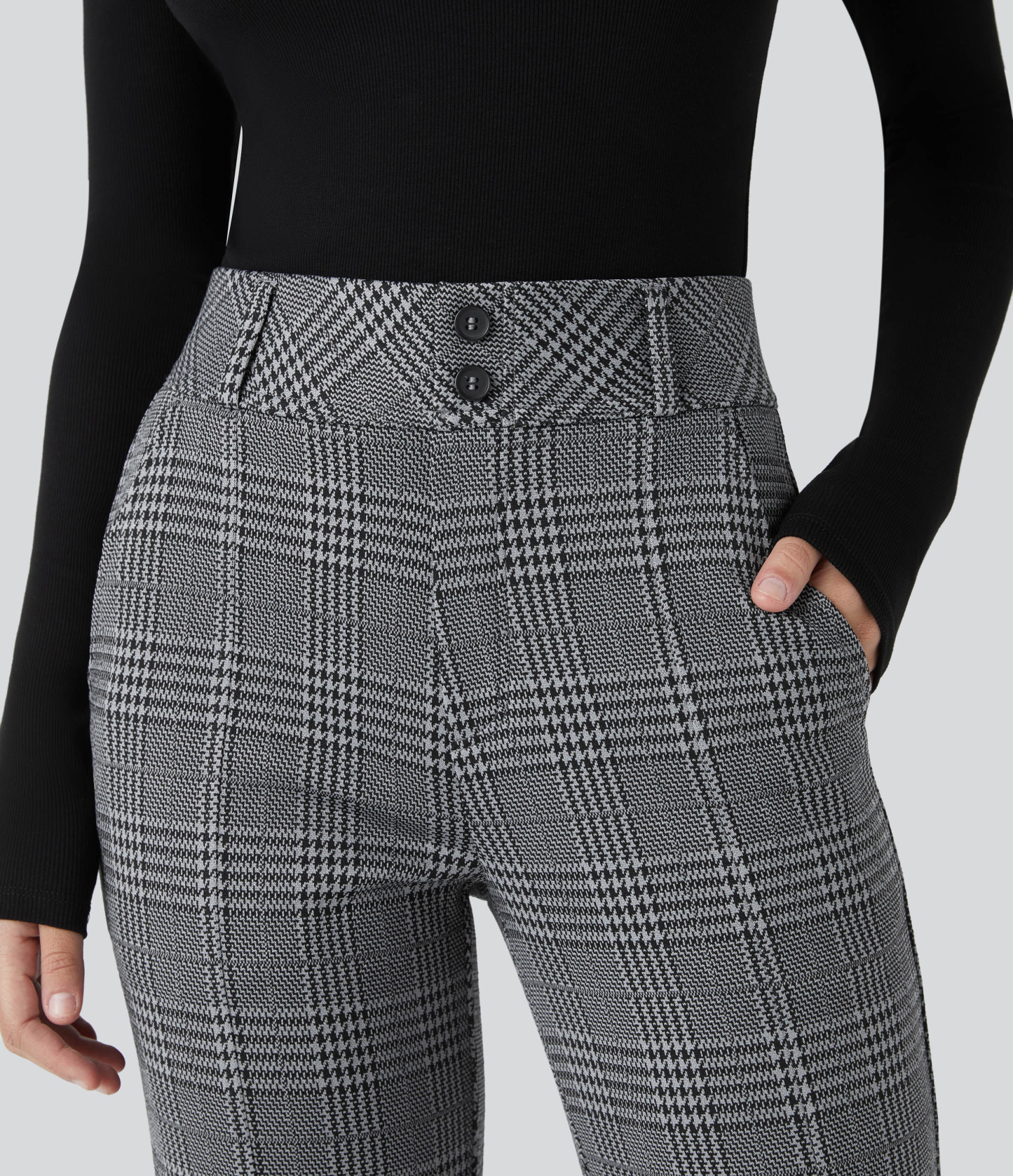 FlexHigh Waisted Decorative Pocket Houndstooth Plaid Work Flare Pants