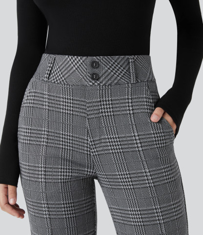 FlexHigh Waisted Decorative Pocket Houndstooth Plaid Work Flare Pants