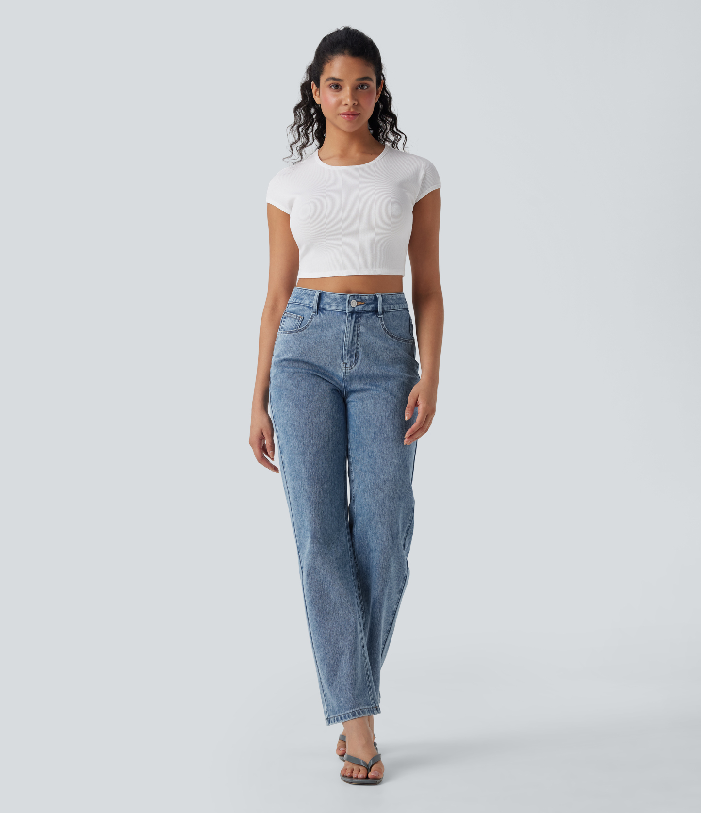 FlexHigh Waisted Zipper Pockets Straight Leg Casual Jeans