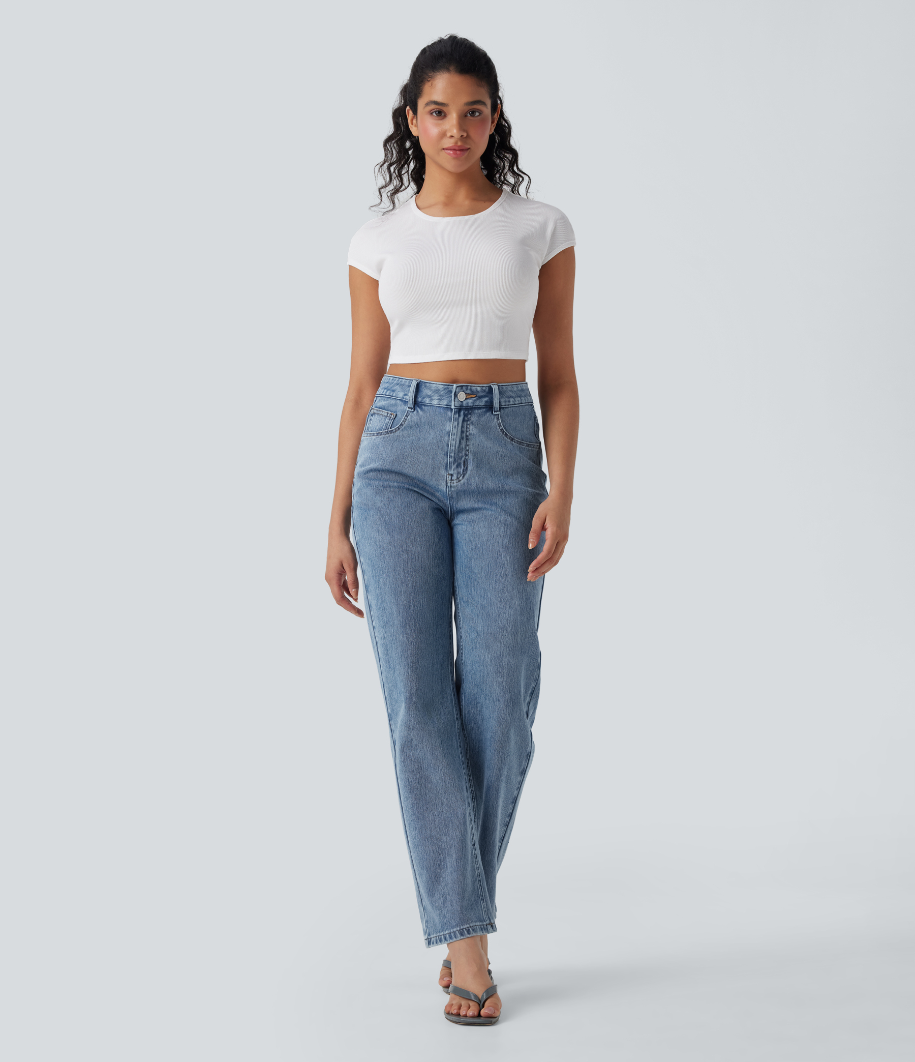 FlexHigh Waisted Zipper Pockets Straight Leg Casual Jeans