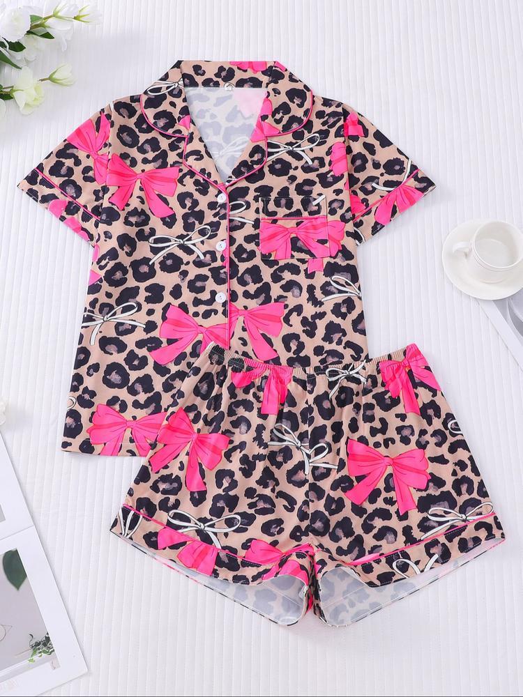 Women's Leopard Bow Printed Sleepwear Set, Casual Holiday, Soft Shirt & Elastic Shorts, All-Season Home Wear