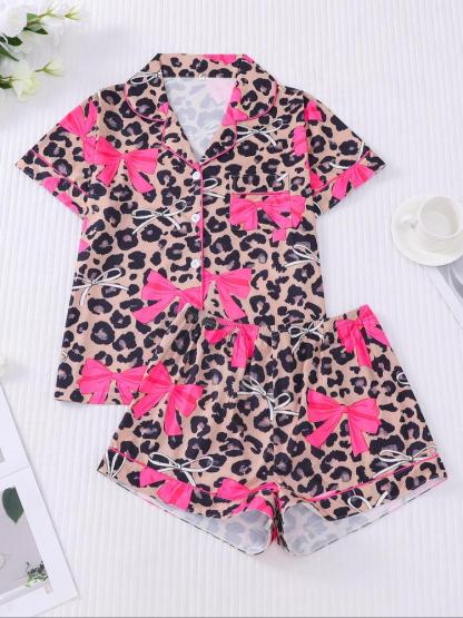 Women's Leopard Bow Printed Sleepwear Set, Casual Holiday, Soft Shirt & Elastic Shorts, All-Season Home Wear