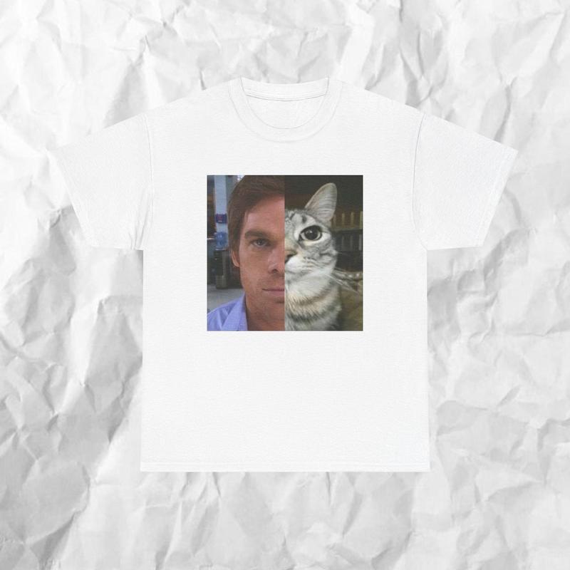 Dext Morgan Tee, Funny Cat Meme Shirt, Unisex Heavy Cotton T-Shirt, Gift for Dexter Fans, TV Show Fan Tee, Funny Graphic Tee Streetwear Menswear Tops Tshirt Tropical Shortsleeve Round Neck Crewneck Casual Black