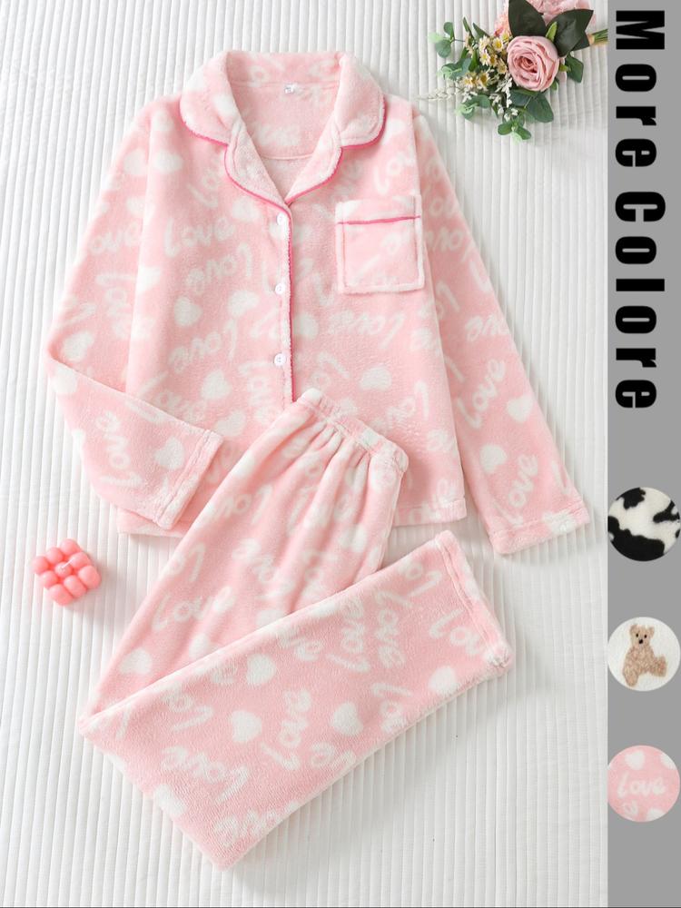 Two-piece Set Women's All Over Cartoon Bear Print Lapel Collar Top & Elastic Waist Pants Pajama Set, Long Sleeve Button Up Top & Pants Pj Set, Women's Sleepwear for Winter