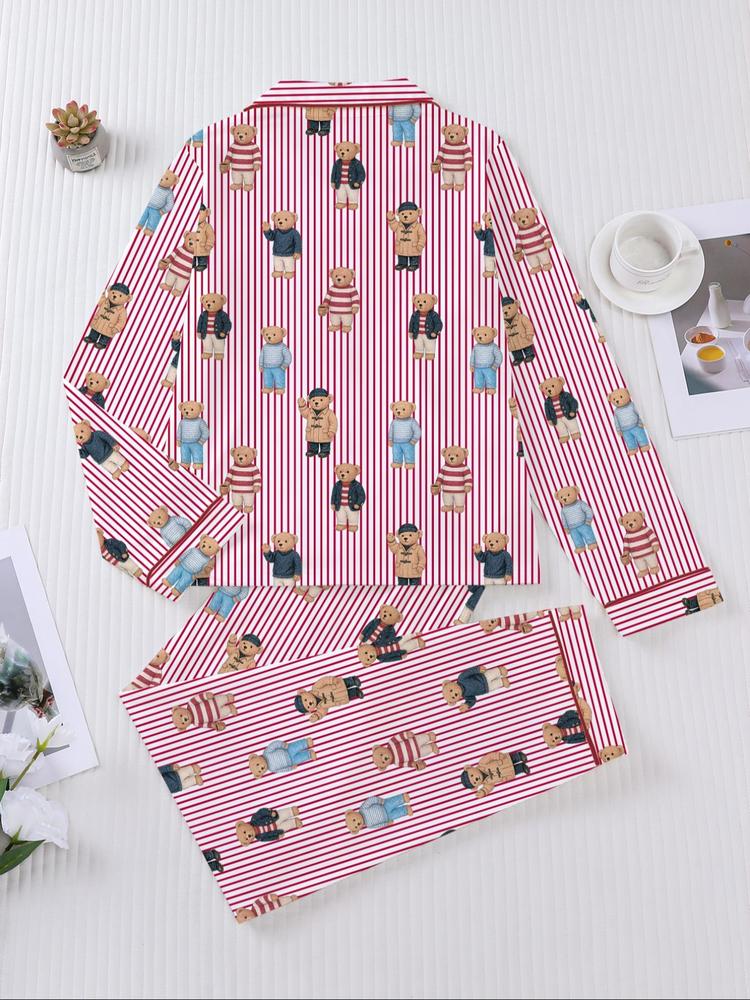 Women's Fall Winter Home Set, Cute Bear Print Pajamas, Casual Long Sleeve Shirt & Elastic Pants, Soft Stretch Fabric, Comfortable