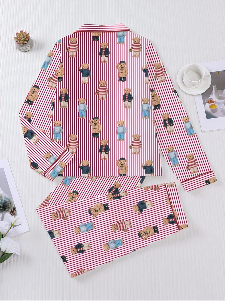 Women's Fall Winter Home Set, Cute Bear Print Pajamas, Casual Long Sleeve Shirt & Elastic Pants, Soft Stretch Fabric, Comfortable
