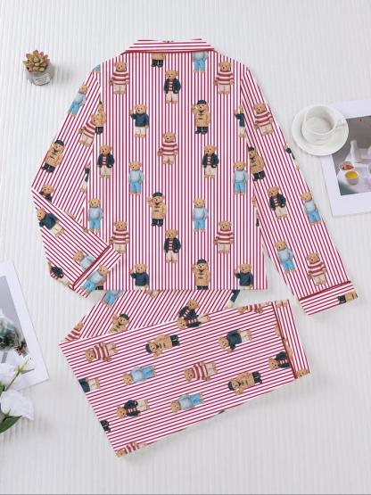 Women's Fall Winter Home Set, Cute Bear Print Pajamas, Casual Long Sleeve Shirt & Elastic Pants, Soft Stretch Fabric, Comfortable
