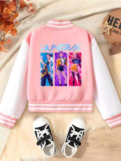 Girls Short Baseball Jacket Coat, Casual Sports School Uniform, Elastic Fabric, Trendy Kids Clothing, Fall & Winter Halloween Option