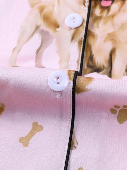 Women's Cute Dog Print Pajama Set, Long Sleeve Shirt Collar Top & Elastic Pants, Casual Fall Winter Sleepwear, Comfortable Home Wear