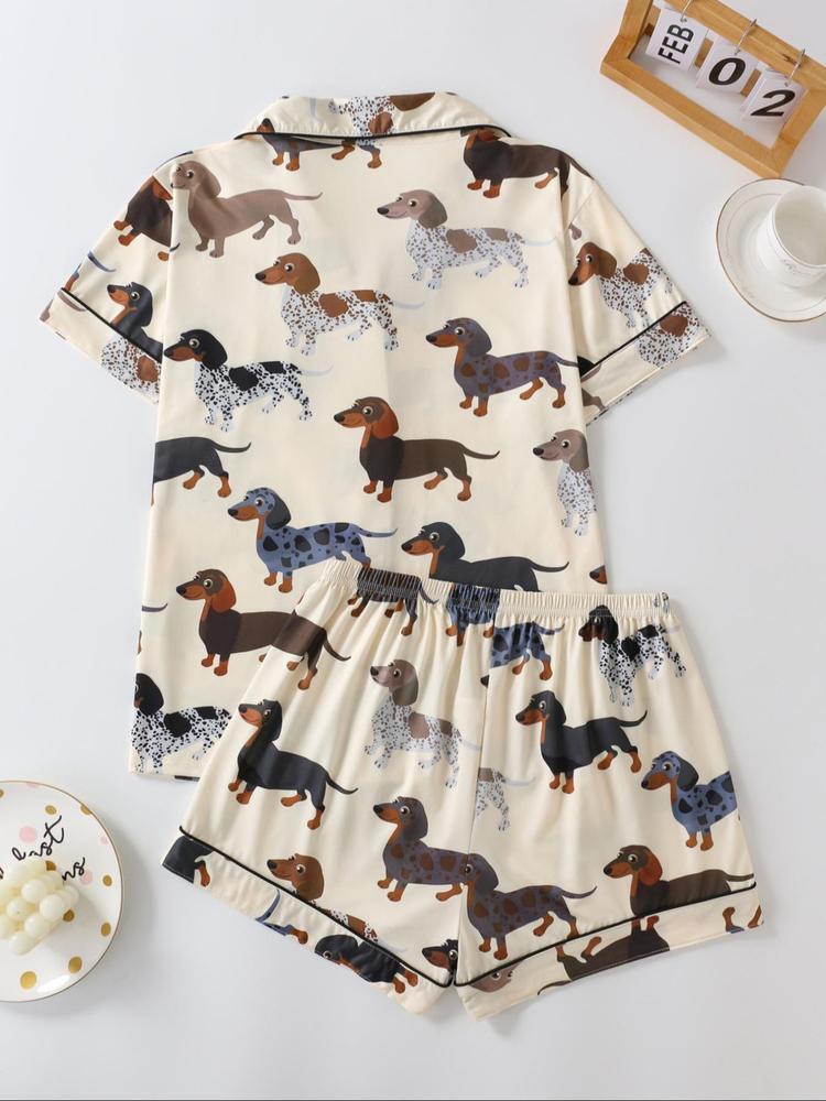 Women's Cartoon Dog Print Short Sleeve Matching Pajamas Two-piece Set, Casual Comfy Lapel Neck Button Design Pj Set for Daily Home Wear, Ladies Sleepwear for All Seasons, Loungewear,  Womenswear, Pastel Cute Pajamas, Breathable Stylish Pajama
