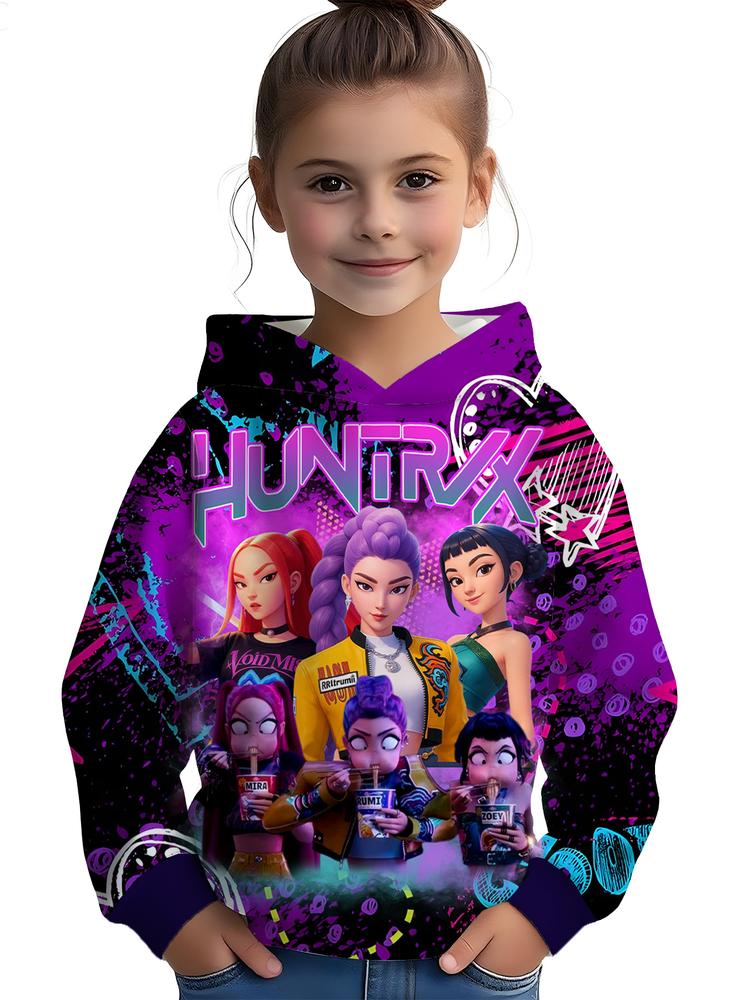 Girls Kpop Demon Hunters Hoodie, Casual Fall Winter Sportswear, Fitted Random Print Design, Durable Outdoor Activities, Christmas Gift