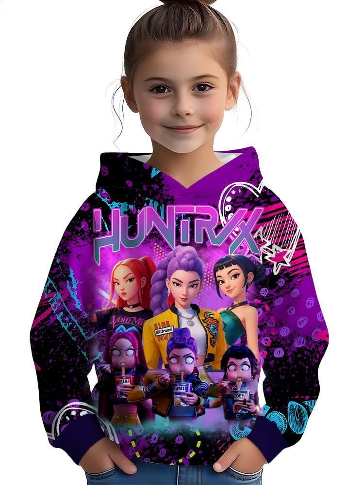 Girls Kpop Demon Hunters Hoodie, Casual Fall Winter Sportswear, Fitted Random Print Design, Durable Outdoor Activities, Christmas Gift