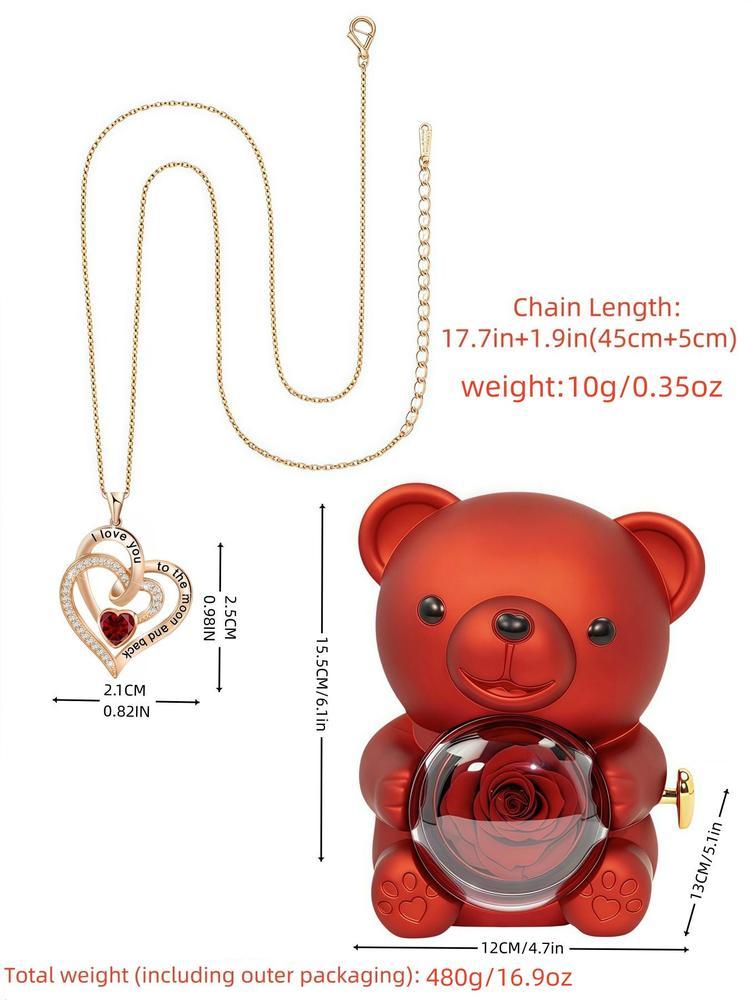 Bear Rose Box with Heart Shaped Necklace, Gift for Women, Fashion Jewelry for Party, Daily Decor, Trendy All-match & Exquisite Jewelry for Birthday Gift