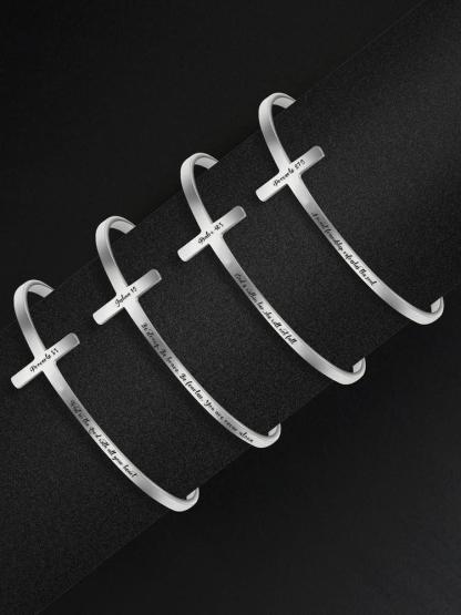 Letter Carved Cross Design Adjustable Bangle, Stainless Steel Bangle Bracelet for Women & Men, Bible Verse Bracelet, Trendy All-match & Exquisite Jewelry for Birthday Gift