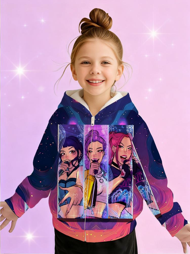 Girls Kpop Demon Hunters Korean Style Colorful Stage Print Hoodie, Casual Fall Winter Sportswear, Fitted Random Print Design, Christmas Gift