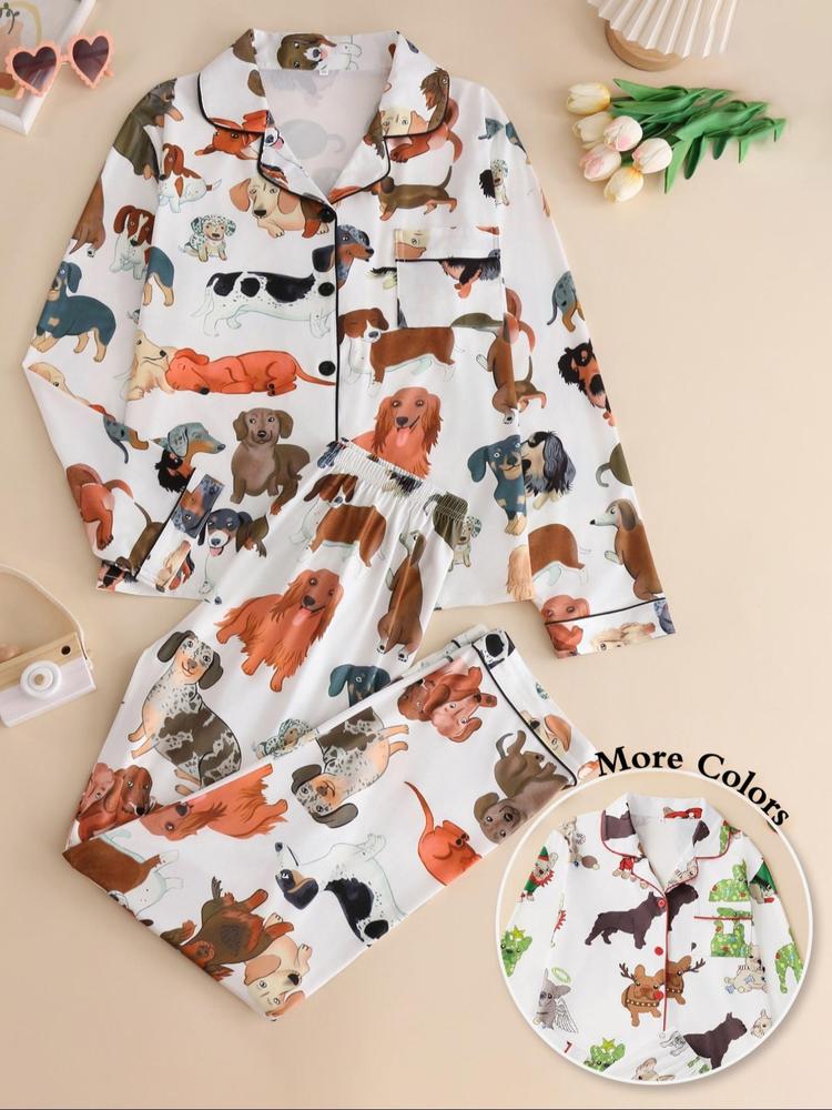Two-piece Set Women's All Over Dog Print Lapel Neck Button Front Pajama Set, Casual Comfy Long Sleeve Top & Pants Pj Set, Women's Sleepwear for Spring & Fall