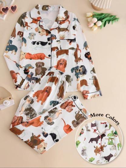 Two-piece Set Women's All Over Dog Print Lapel Neck Button Front Pajama Set, Casual Comfy Long Sleeve Top & Pants Pj Set, Women's Sleepwear for Spring & Fall