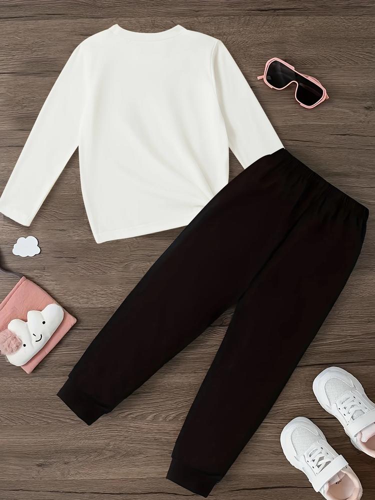 Girls' Kpop Print Long Sleeve T-Shirt & Casual Sweatpants Set, Spring & Fall Fashion, Comfortable Kids Clothing Gift