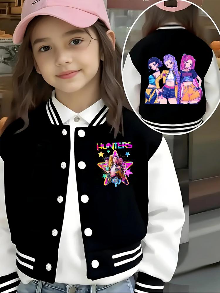 Girls Short Baseball Jacket Coat, Casual Sports School Uniform with Witch Design, Elastic Fabric, Youth Fashion Outerwear