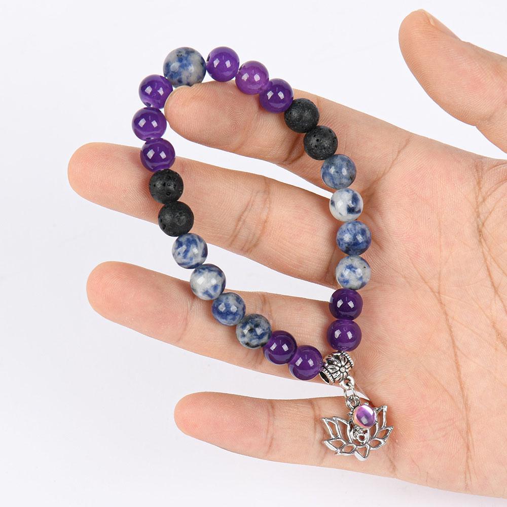 ARPURRAINA Beaded Bangle With Yoga Lotus Charm Natural Stone Crystal Jewelry Blue Bracelet Elastic Band Chakra Protection Encouragement Gift