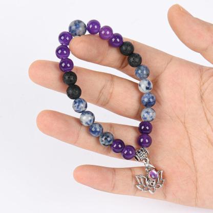 ARPURRAINA Beaded Bangle With Yoga Lotus Charm Natural Stone Crystal Jewelry Blue Bracelet Elastic Band Chakra Protection Encouragement Gift