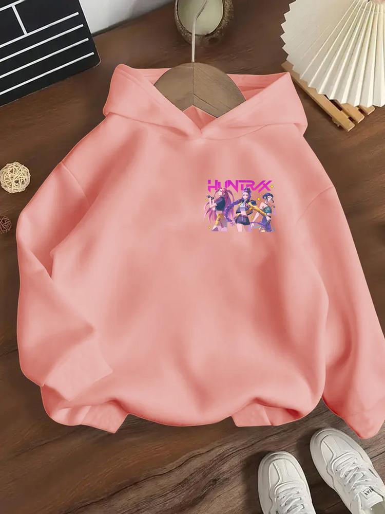 Girls' Kpop Demon Hunters Hoodie, Long Sleeve Cartoon Print Sweatshirt, Casual Fitted Spring & Fall Fashion, Comfortable Trendy Pullover