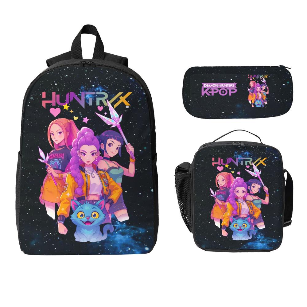 3PCS Functional K-POP Demon Hunters Backpack Set - Black Large Capacity Laptop Schoolbag + Portable Lunch Bag + Pencil Case, Fashionable Bag for Teens Men Women, Perfect for Daily Use & Gift Giving