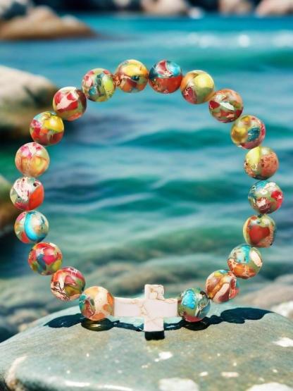 1Pc Christian Gifts for Her, Cross Bracelet for Women Girls, Beaded Bracelet, Easter Gifts for Girls Faith Religious Easter Catholic Christian Jewelry, Meaningful Communion Baptism Gifts for Girls Healing Natural Stone Bracelets