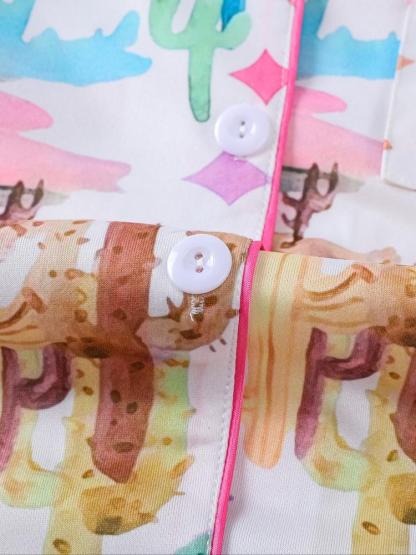 Women's Denim Pattern Pajama Set, Long Sleeve Shirt Collar Soft Top & Elastic Pants, Casual Home Wear for Fall Winter Holidays