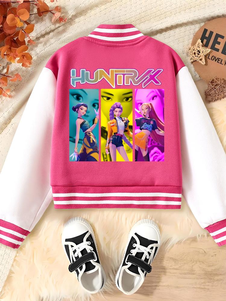 Girls' Halloween Christmas Short Baseball Jacket Coat, Casual Comfy Jacket, Casual Sports School Uniform, Elastic Fabric, Youth Fashion Outerwear